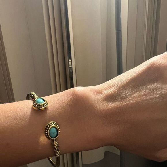 Bohemian Open Cuff  Turquoise Bangle Bracelet Silver and Gold Pated - Picture 5 of 8